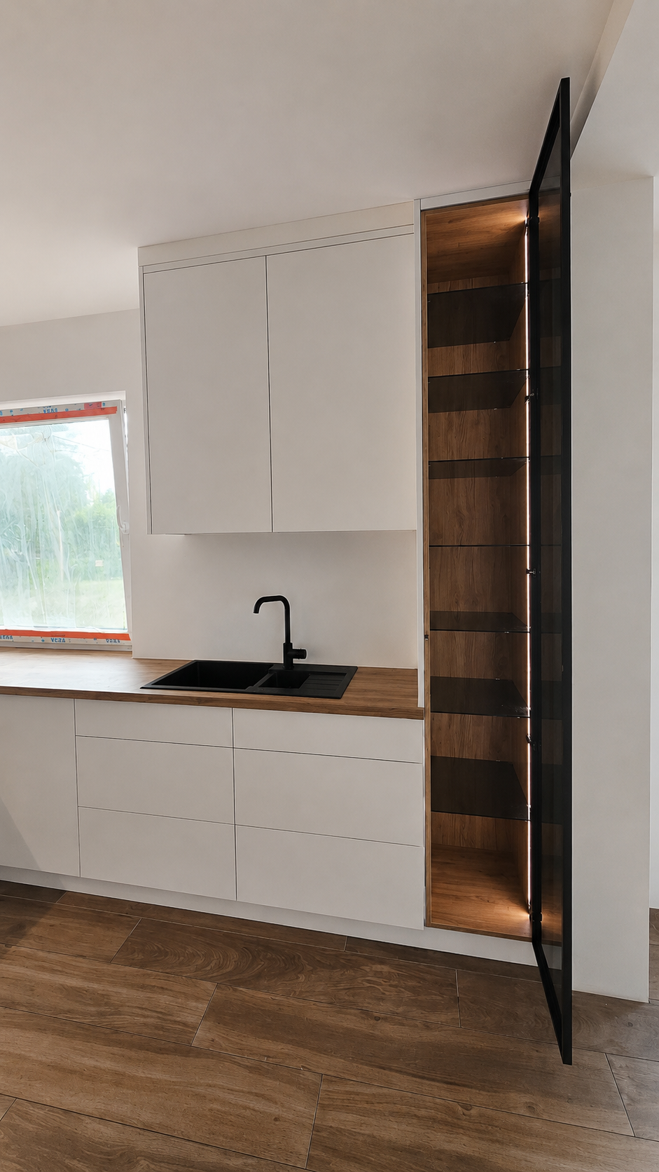 Kuchnia na wymiar Chobot z witryną w czarnej ramce ZOBAL, podświetleniem LED, czarnym zlewem, blatem Swiss Krono, frontami MDF biały półmat oraz zawiasami Blum – Meble GO Grzegorz Orzełowski, projekt mebli na wymiar